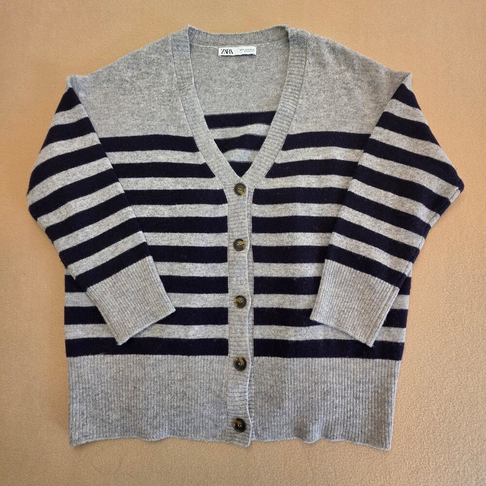 Zara 100% Wool Striped Knit Cardigan Sweater Gray & Navy Blue Sz Small